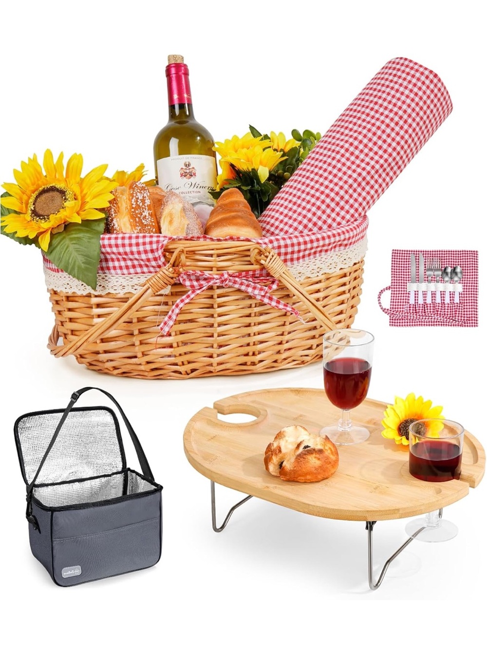 Red Gingham Picnic Basket Set with Bamboo Tray and Cooler
